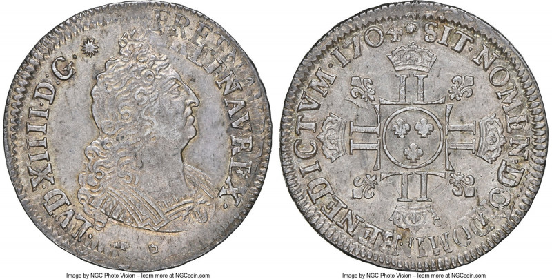 Louis XIV 1/2 Ecu 1704-I MS62 NGC, Limoges mint, KM355.7, Gad-194, Dup-1552A. 1/...