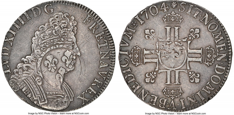 Louis XIV Ecu 1704-A XF45 NGC, Paris mint, KM360.1, Dav-1320, Gad-224 (R3), Dup-...