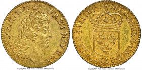 Louis XIV gold 1/2 Louis d'Or 1692-A MS62 NGC, Paris mint, KM277.2, Gad-239 (R2), Dup-1436A. Flan Reforme. Overstruck on a Louis XIII 1643 1/2 Louis d...