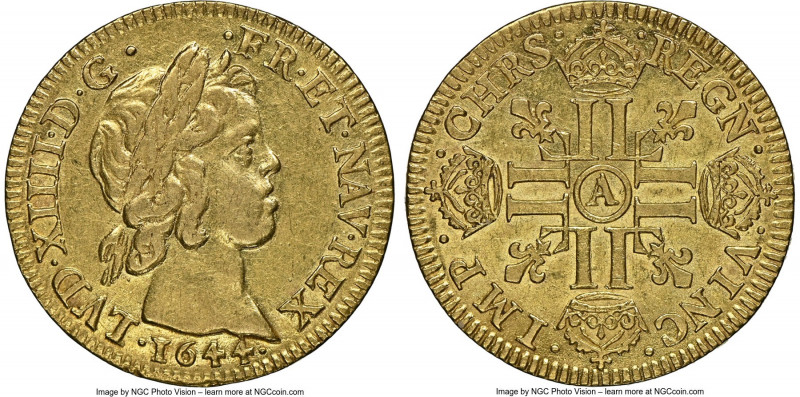 Louis XIV gold Louis d'Or 1644-A AU58 NGC, Paris mint, KM149.1, Gad-244 (R), Dup...