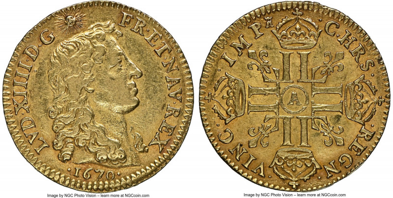 Louis XIV gold Louis d'Or 1670-A AU55 NGC, Paris mint, KM219.1, Gad-247 (R), Dup...