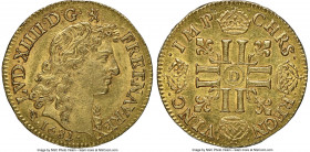 Louis XIV gold Louis d'Or 1682-D MS63 NGC, Lyon mint, KM219.3, Gad-247 (R), Dup-1430. Louis d'Or a la tete nue. A gracious example featuring the young...