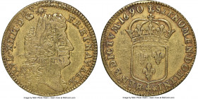 Louis XIV gold Louis d'Or 1690-(crowned L) XF45 NGC, Lille mint, KM278.20, Gad-250 (R), Dup-1435. Louis d'Or a la ecu. Flan neuf. Struck over an earli...