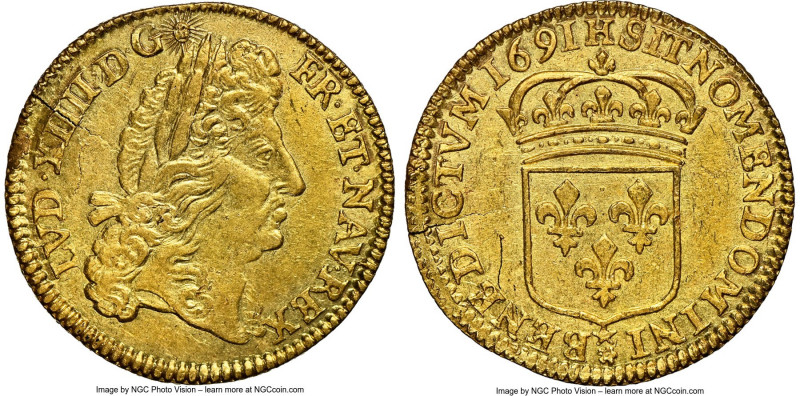 Louis XIV gold Louis d'Or 1691-H AU Details (Bent) NGC, La Rochelle mint, KM-Unl...