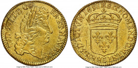 Louis XIV gold Louis d'Or 1691-H AU Details (Bent) NGC, La Rochelle mint, KM-Unl., Gad-250 (R), Dup-1435A. Louis d'Or a l'Ecu. Flan Reforme, star belo...
