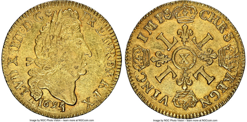 Louis XIV gold Louis d'Or 1694/3-X AU53 NGC, Amiens mint, cf. KM302.21 (overdate...