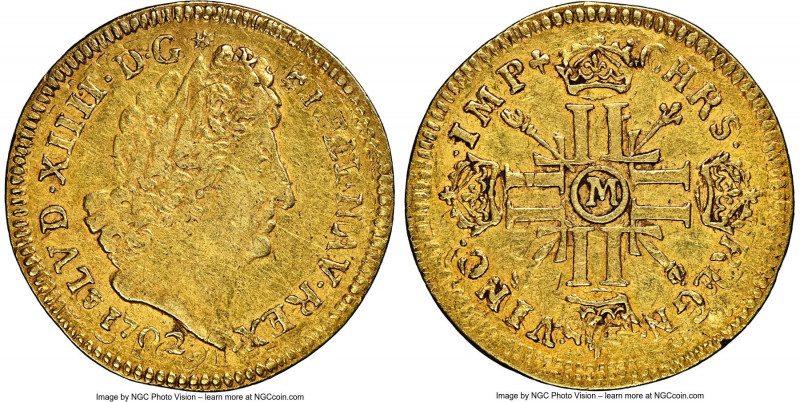 Louis XIV gold Louis d'Or 1702-M AU50 NGC, Toulouse mint, KM334.13, Gad-253 (R),...