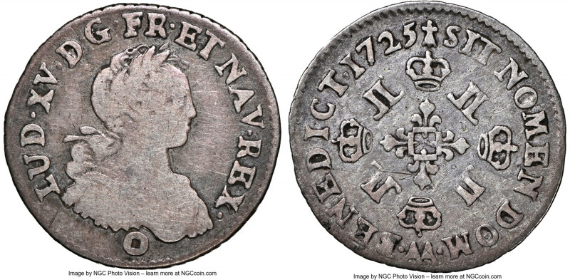 Louis XV 1/16 Ecu 1725-AA F12 NGC, Metz mint, KM477.2 (this coin), Gad-286 (R4),...