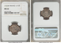 Louis XV 1/12 Ecu 1722-W MS62 NGC, Lille mint, KM463.15, Gad-288 (R2), Dup-1669. 1/12 Ecu de France. Flan Reforme. Near-Choice Mint State appearances ...