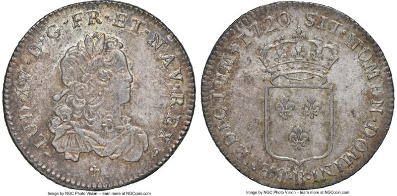 Louis XV 1/3 Ecu 1720-B MS63 NGC, Rouen mint, KM457.3, cf. Gad-306 (for Flan Neu...