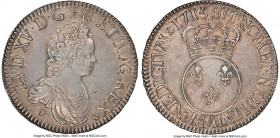 Louis XV Ecu 1715-A AU53 NGC, Paris mint, KM414.1, Dav-1326, Gad-317 (R), Dup-1651A, Sobin-49 (R2). Ecu Vertugadin. Flan Reforme, rosette below bust. ...