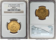 Louis XV gold Louis d'Or 1720-A MS62 NGC, Paris mint, KM461.1, Gad-337 (R), Dup-1635A. Louis d'Or aux 2 L. Flan Reforme. Struck over a 1718-D Louis d'...