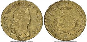 Louis XV gold Louis d'Or Mirliton 1723-B AU Details (Cleaned) NGC, Rouen mint, KM468.2, Gad-338 (R2), Dup-1638A. Short palms variety. Sun-gold appeara...