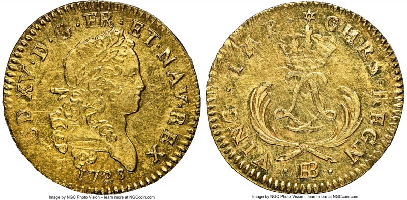 Louis XV gold Louis d'Or 1723-BB Mirliton MS62 NGC, Strasbourg mint, KM468.3, Ga...