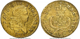 Louis XV gold Louis d'Or 1723-BB Mirliton MS62 NGC, Strasbourg mint, KM468.3, Gad-338 (R3), Dup-1638A, L4L-465 (R3). Short palms variety. Extremely sc...