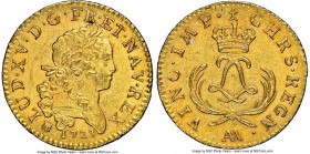 Louis XV gold Louis d'Or Mirliton 1723-AA MS61 NGC, Metz mint, KM-Unl., Gad-338 (R3), Dup-1638A. Short palms variety. From the 1725 Le Chameau shipwre...