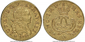 Louis XV gold Louis d'Or Mirliton 1723-AA AU58 NGC, Metz mint, KM-Unl., Gad-338 (R3), Dup-1638A. Short palms variety. A flashy representative preserve...