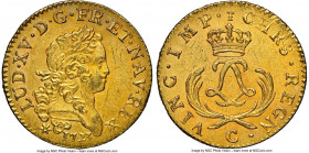 Louis XV gold Louis d'Or Mirliton 1723-C AU58 NGC, Caen mint, KM468.4, Gad-338 (R2), Dup-1638A. Short palms variety. From the 1725 Le Chameau Shipwrec...