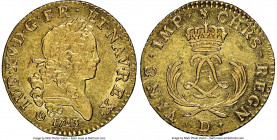 Louis XV gold Louis d'Or Mirliton 1723-D AU58 NGC, Lyon mint, KM468.5, Gad-338, Dup-1638A. Short palms variety. Far more attractive than the assigned ...