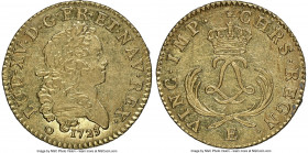 Louis XV gold Louis d'Or Mirliton 1723-E AU58 NGC, Tours mint, KM-Unl., Gad-338 (R2), Dup-1638A. Short palms variety. Outstanding lemon-gold resplende...