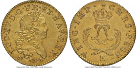 Louis XV gold Louis d'Or Mirliton 1723-E AU Details (Saltwater Damage) NGC, Tours mint, cf. KM468 (for type), Gad-338 (R2), Dup-1638A. Short palms var...