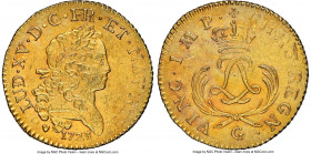 Louis XV gold Louis d'Or Mirliton 1723-G AU Details (Saltwater Damage) NGC, Poitiers mint, KM-Unl., Gad-338 (unpriced), Dup-1638A, L4L-465 (R5). Short...