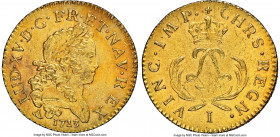 Louis XV gold Louis d'Or Mirliton 1723-I UNC Details (Saltwater Damage) NGC, Limoges mint, KM-Unl., Gad-338 (R4), Dup-1638A, L4L-465 (R5). Short palms...