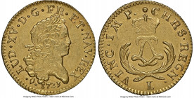 Louis XV gold Louis d'Or Mirliton 1723-L UNC Details (Saltwater Damage) NGC, Bayonne mint, KM468.9, Gad-338 (R2), Dup-1638A. Short palms variety. One ...