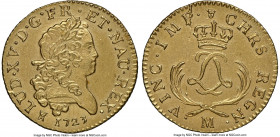 Louis XV gold Louis d'Or Mirliton 1723-M UNC Details (Saltwater Damage) NGC, Toulouse mint, KM468.10, Gad-338 (R), Dup-1638A. Short palms variety. An ...