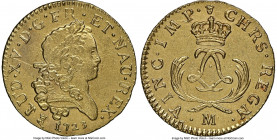 Louis XV gold Louis d'Or Mirliton 1723-M AU Details (Environmental Damage) NGC, Toulouse mint, KM468.10, Gad-338 (R), Dup-1638A. Short palms variety. ...