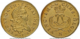 Louis XV gold Louis d'Or Mirliton 1723-N MS60 NGC, Montpellier mint, KM468.11, Gad-338, Dup-1638A. Short palms variety. From the 1725 Le Chameau shipw...