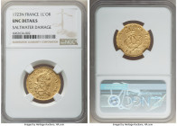 Louis XV gold Louis d'Or Mirliton 1723-N UNC Details (Saltwater Damage) NGC, Montpellier mint, KM468.11, Gad-338, Dup-1638A. Short palms variety. Well...