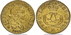 Louis XV gold Louis d'Or Mirliton 1723-N AU58 NGC, Montpellier mint, KM468.11, Gad-338, Dup-1638A. Short palms variety. Fully radiant surfaces populat...