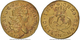 Louis XV gold Louis d'Or Mirliton 1723-N AU58 NGC, Montpellier mint, KM468.11, Gad-338, Dup-1638A. Short palms variety. From the 1725 Le Chameau shipw...