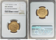 Louis XV gold Louis d'Or Mirliton 1723-P UNC Details (Saltwater Damage) NGC, Dijon mint, KM468.12, Gad-338 (R2), Dup-1638A, L4L-465 (R2). Short palms ...