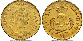 Louis XV gold Louis d'Or Mirliton 1723-Q AU Details (Saltwater Damage) NGC, Perpignan mint, KM468.13, Gad-338 (R3), Dup-1638A. Short palms variety. Fr...