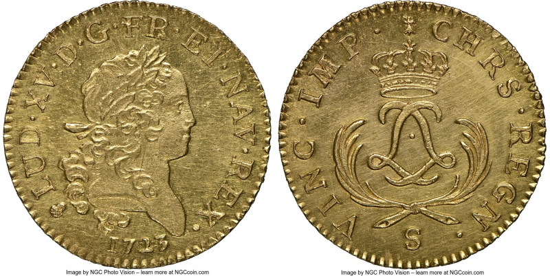 Louis XV gold Louis d'Or Mirliton 1723-S UNC Details (Cleaned) NGC, Reims mint, ...