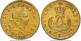 Louis XV gold Louis d'Or Mirliton 1723-T AU Details (Saltwater Damage) NGC, Nantes mint, KM468.16, Gad-338 (R2), Dup-1638A. Short palms variety. Anoth...