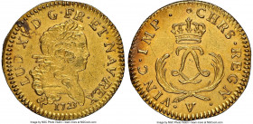 Louis XV gold Louis d'Or Mirliton 1723-V AU Details (Saltwater Damage) NGC, Troyes mint, KM468.17, Gad-338 (R2), Dup-1638A. Short palms variety. From ...
