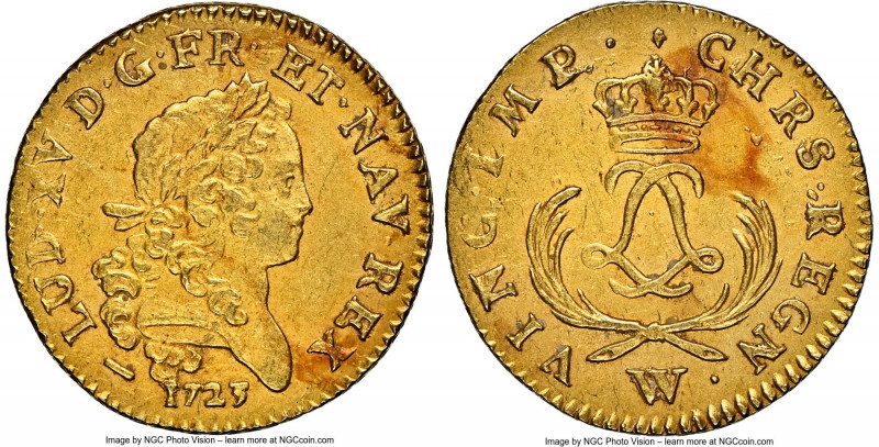 Louis XV gold Louis d'Or Mirliton 1723-W AU Details (Saltwater Damage) NGC, Lill...