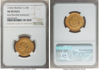 Louis XV gold Louis d'Or Mirliton 1723-X AU Details (Saltwater Damage) NGC, Amiens mint, KM468.19, Gad-338 (R), Dup-1638A. Short palms variety. Dresse...