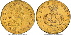 Louis XV gold Louis d'Or 1723-X AU Details (Saltwater Damage) NGC, Amiens mint, KM468.19, Gad-338 (R), Dup-1638A. Short palms variety. From the 1725 L...
