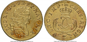 Louis XV gold Louis d'Or Mirliton 1723-Z UNC Details (Saltwater Damage) NGC, Grenoble mint, KM-Unl., Gad-338 (R4), Dup-1638A, L4L-465 (R4). Short palm...