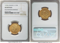 Louis XV gold Louis d'Or Mirliton 1723-& AU Details (Saltwater Damage) NGC, Aix mint, KM468.21, Gad-338 (R), Dup-1638A. Short palms variety. Bold devi...