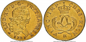 Louis XV gold Louis d'Or Mirliton 1723-& AU Details (Saltwater Damage) NGC, Aix mint, KM468.21, Gad-338 (R), Dup-1638A. Short palms variety. From the ...
