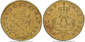 Louis XV gold Louis d'Or Mirliton 1723-(9) UNC Details (Saltwater Damage) NGC, Rennes mint, KM468.20, Gad-338 (R3), Dup-1638A. Short palms variety. Fr...