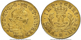 Louis XV gold Louis d'Or Mirliton 1724-B AU Details (Saltwater Damage) NGC, Rouen mint, KM470.2, Gad-339 (R2), Dup-1638. Large palms variety. One of a...