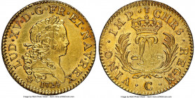 Louis XV gold Louis d'Or Mirliton 1724-C AU Details (Saltwater Damage) NGC, Caen mint, KM470.4, Gad-339 (R2), Dup-1638. Large palms variety. A rather ...