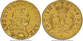 Louis XV gold Louis d'Or Mirliton 1724-D UNC Details (Saltwater Damage) NGC, Lyon mint, KM470.5, Gad-339, Dup-1638. Large palms variety. Mintage: 8,22...