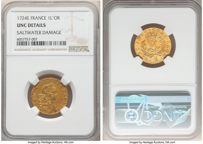 Louis XV gold Louis d'Or Mirliton 1724-E UNC Details (Saltwater Damage) NGC, Tou...